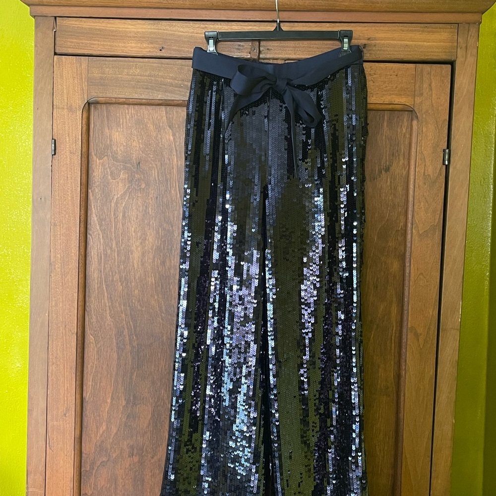 J. Crew Collection navy sequined trouser with pockets and removable belt. NWT. S